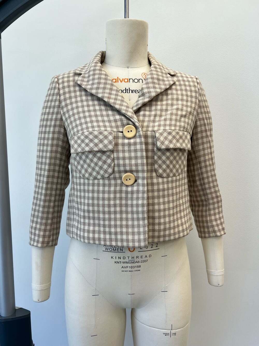 Vintage Youthcraft Beige and White Plaid Cropped Wool Blazer
